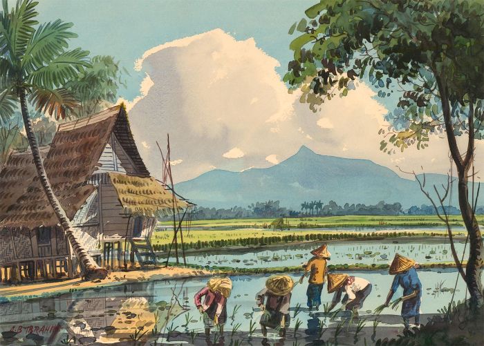 Abu Bakar Ibrahim (1925-1977) - Watercolour, Working in the Paddy Fields