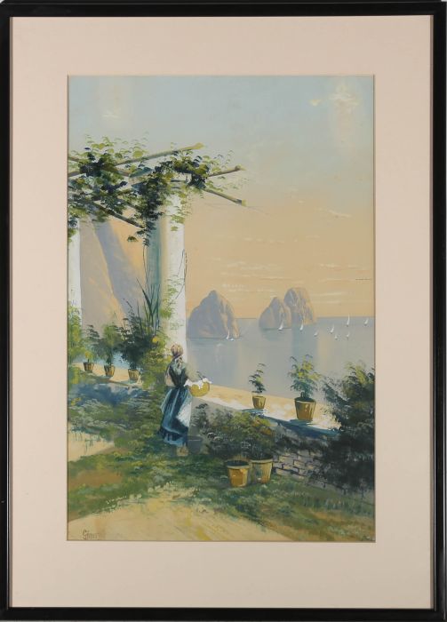 Gianni - Early 20th Century Gouache, Mediterranean Terrace