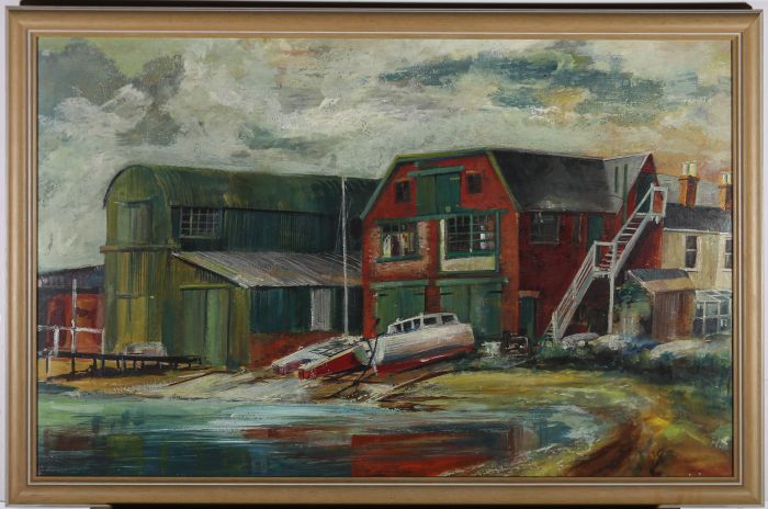 British School Mid 20th Century Oil - The Boat Yard