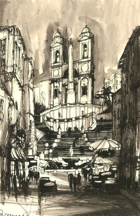 R. Bamiols - Signed Mid 20th Century Pen and Ink Drawing, The Spanish Steps