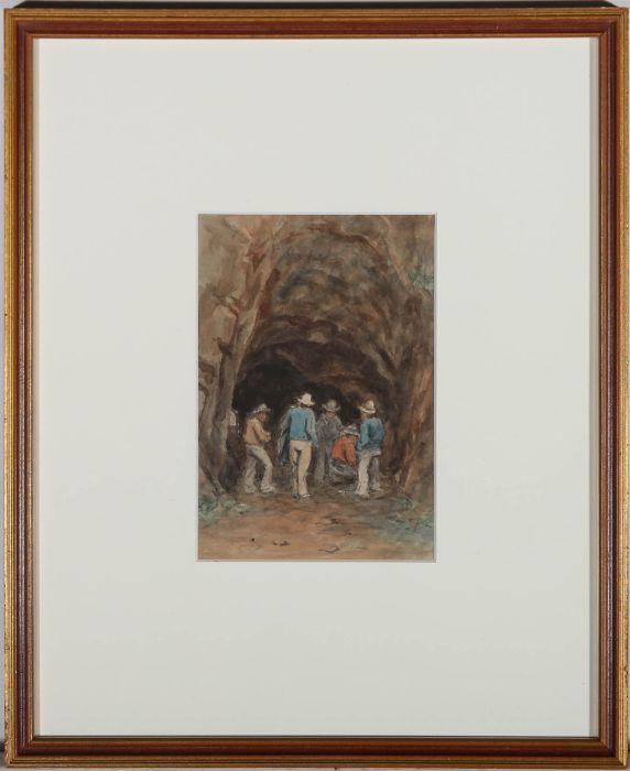 Framed Early 20th Century Watercolour - Cave Explorers