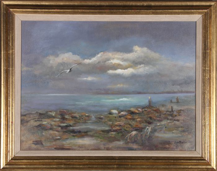 J. Baker - Framed 20th Century Oil, Storm Over Harbour