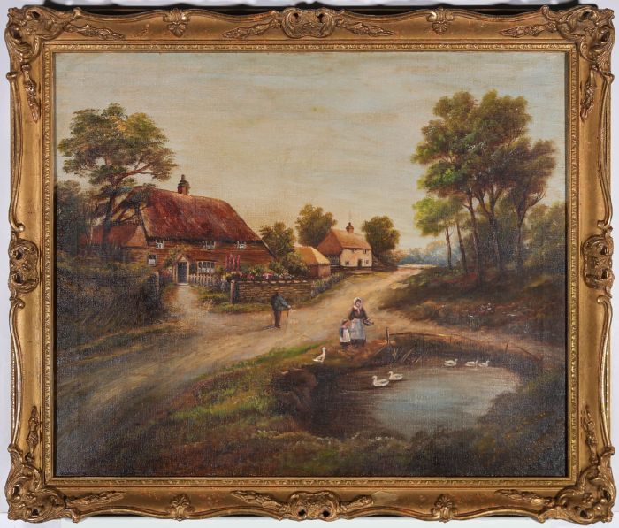 Early 20th Century Oil - Feeding The Ducks At The Village Pond