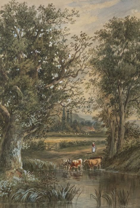 Late 19th Century Watercolour - Milkmaid Amongst the Cattle