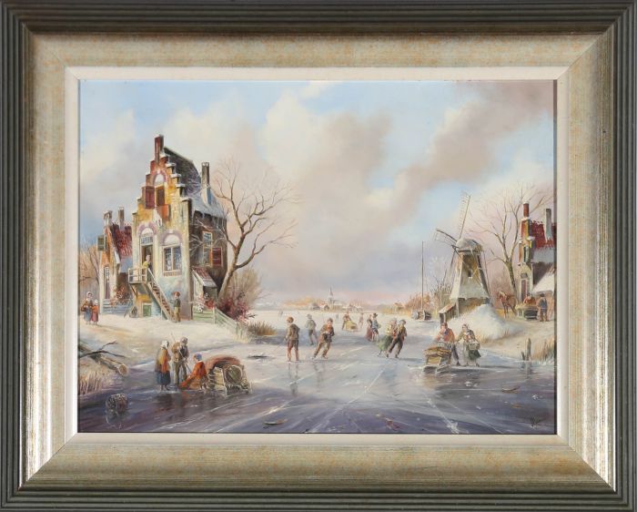 John Haanstra (b.1940) - Dutch School 20th Century Oil, Winter Skaters
