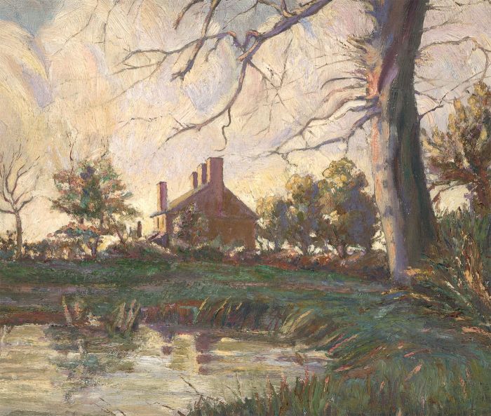 Mid 20th Century Oil - Winter Afternoon at the Pond