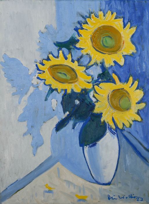Brian William - 2022 Oil, Sunflowers on Blue