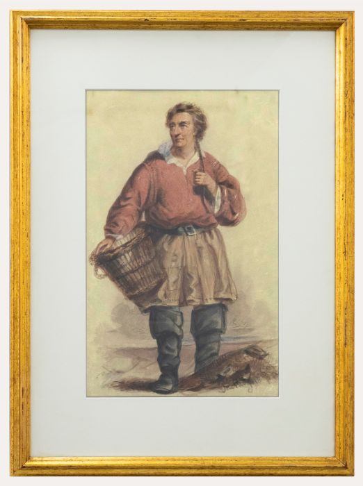 Framed 19th Century Watercolour - Fisherman in Red
