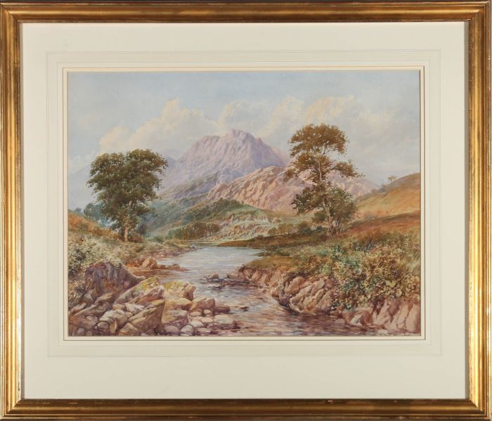 John Wilson Hepple (1886-1939) - 1920 Watercolour, Riverscape with Mountains