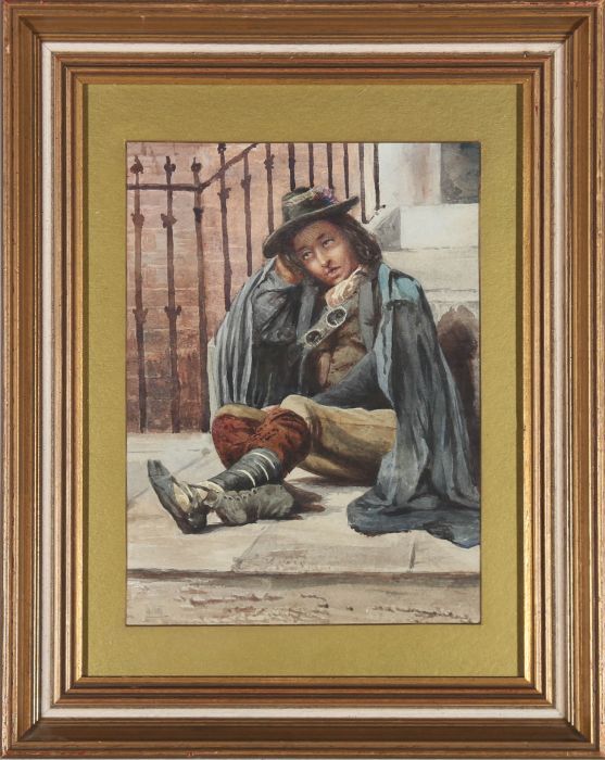 William Henry Hunt (1790-1864) - Watercolour, Cavalier Seated by Steps