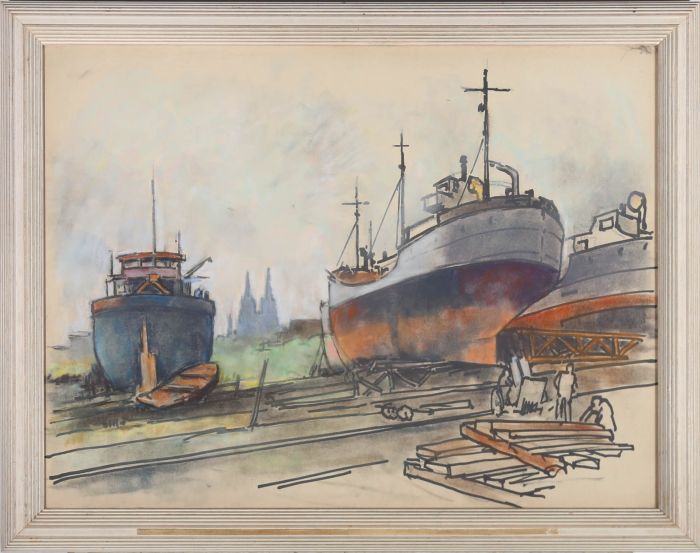Erich Blas (1903-1987) - Framed German School Pastel, Boats In Dock