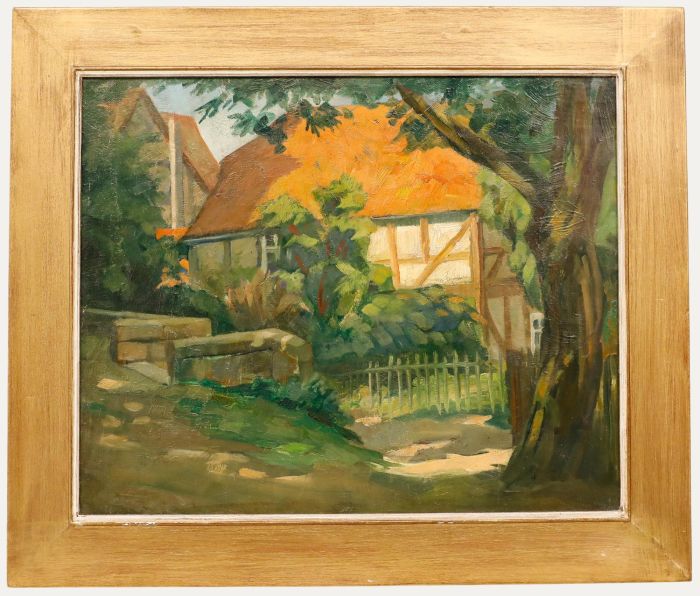 Framed 20th Century Oil - Timber Cottage