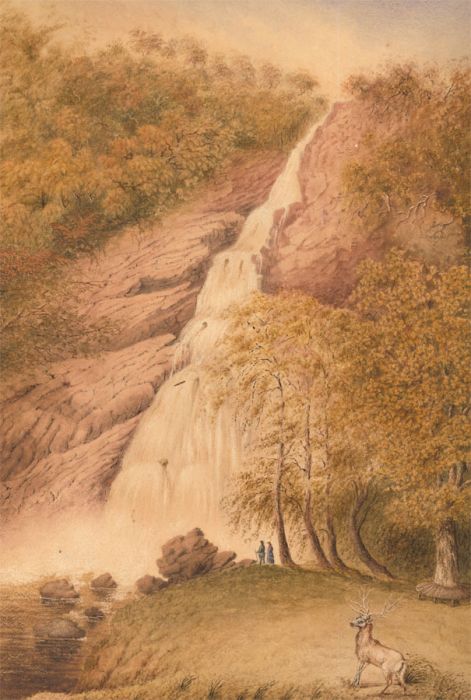 19th Century Watercolour - Mountain Waterfall with a Stag