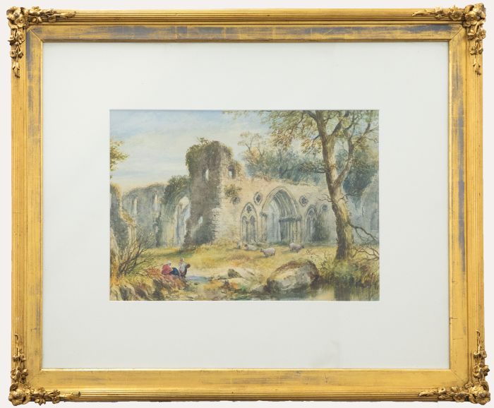 Framed Late 19th Century Watercolour - Flocked by Abbey Ruins