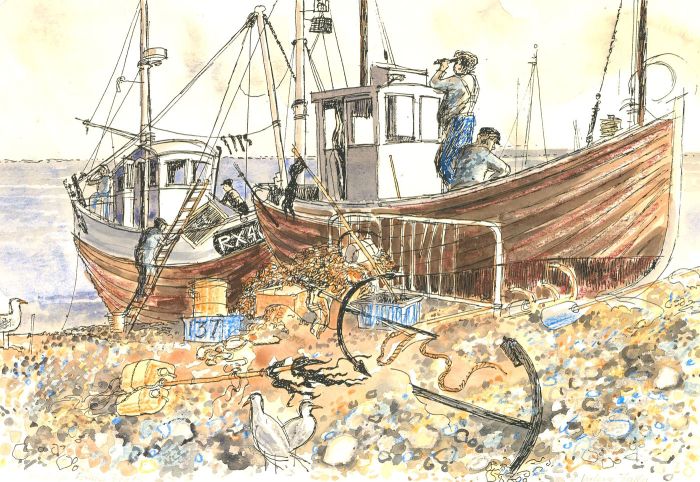 Val Falla - Contemporary Watercolour, Hastings Fishing Boats