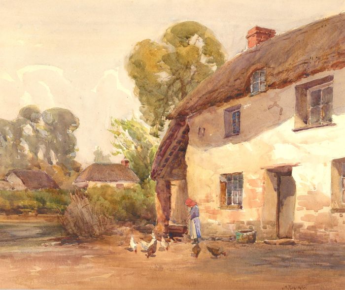 John Henry Young (1880-1946) - Watercolour, Feeding the Chickens