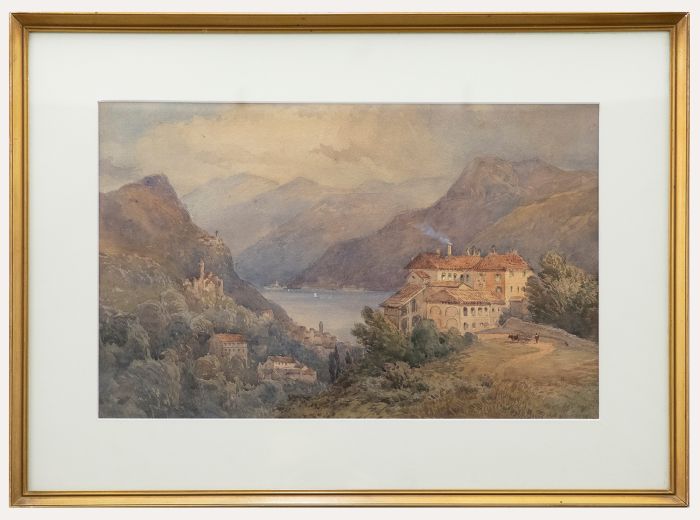 Framed 19th Century Watercolour - Villa on the Lake