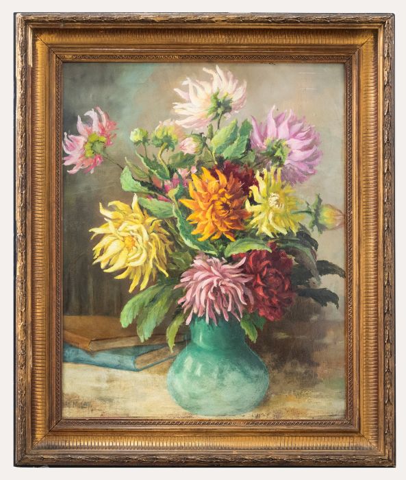 N. M. Lay - Framed Mid 20th Century Oil, Still Life of Dahlias