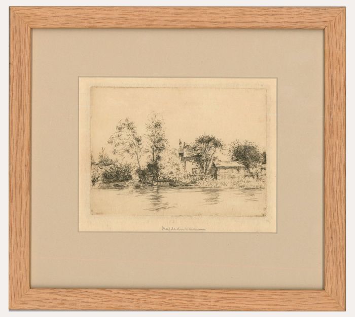 Framed Early 20th Century Etching - Farmhouse on the River
