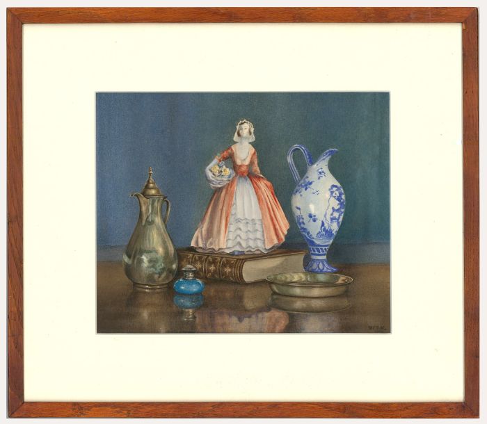 Bertram Dix - Framed Mid 20th Century Watercolour, Brass & China
