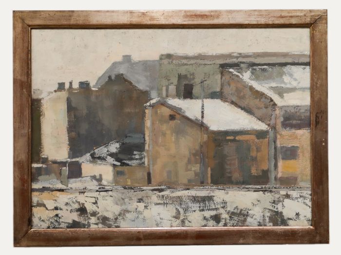 Modernist 20th Century Oil - Buildings in Snow