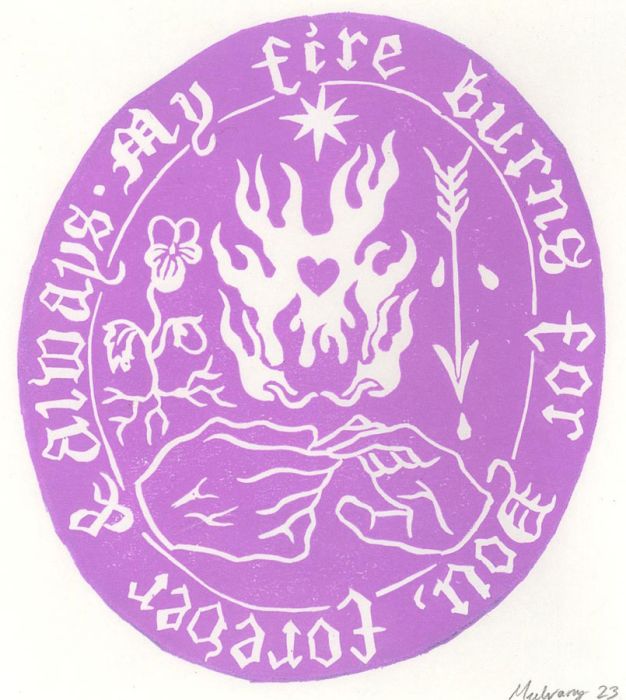 Isabelle Mulvany - 2023 Linoprint, My Fire Burns for You (Purple)