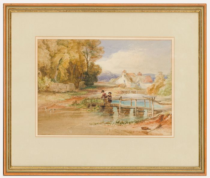 Framed Mid 19th Century Watercolour - Couple on the Bridge