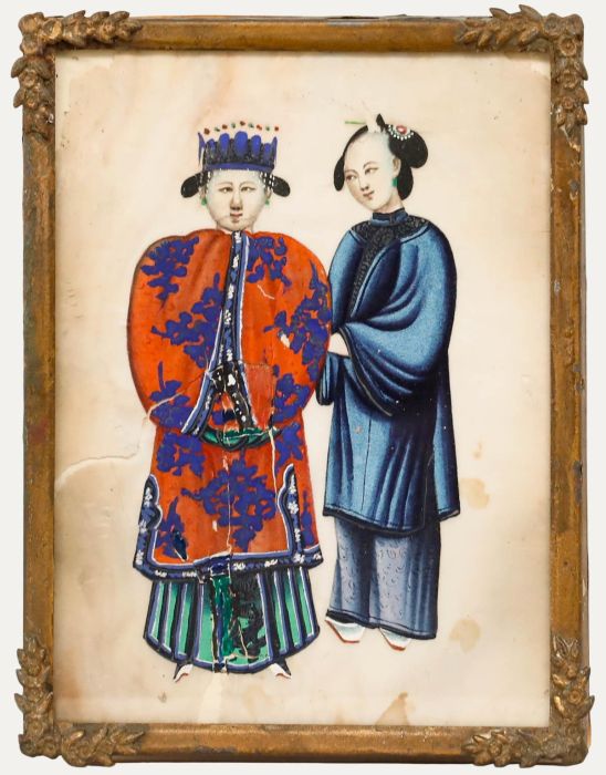 Framed 19th Century Chinese Watercolour - Qiny Dynasty Emperor with Attendant 