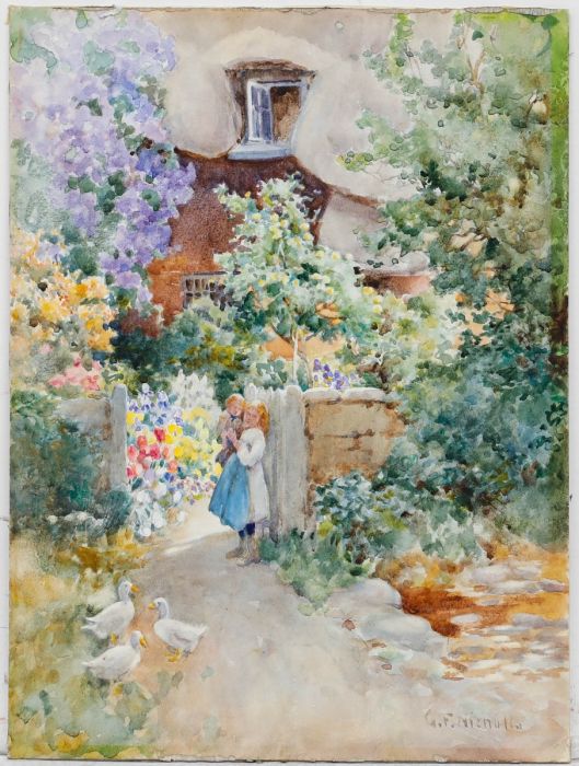 George F. Nicholls (1885-1937) - Watercolour, Children by the Cottage Gate