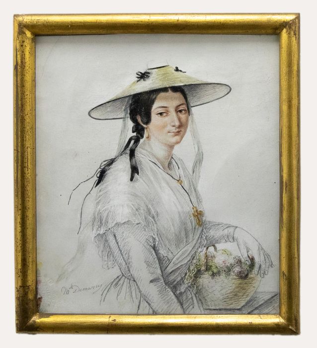 M. Demancy  - 1844 Watercolour, Lady with a Flower Basket