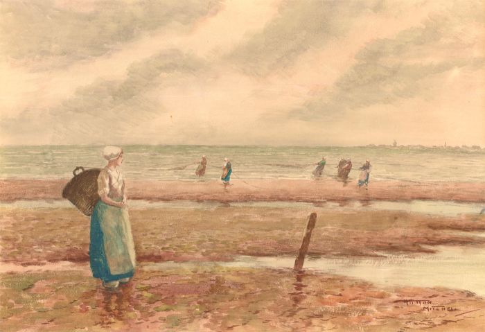 Hutton Mitchell (1872-1939) - Watercolour, Drawing in the Nets