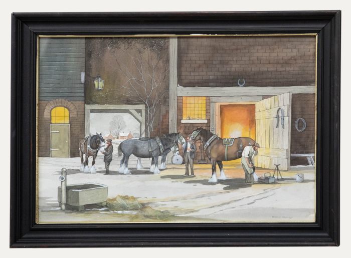 Bryan Conway - Framed Contemporary Watercolour, Shire Horses being Reshod