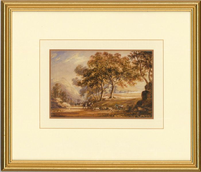 Framed 19th Century Watercolour - Mountain Landscape with Cattle