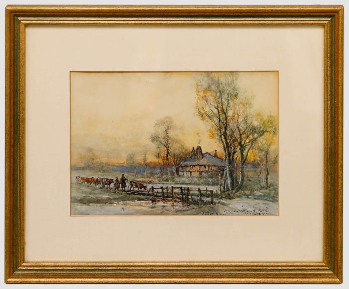 Robert William Arthur Rouse (1867-1951) - Watercolour, Driving Cattle at Sunset