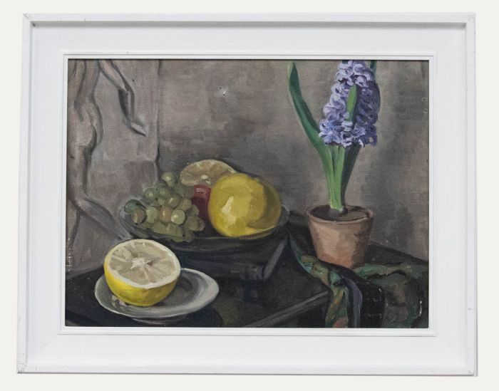 Framed Mid 20th Century Oil - Still Life, White Grapefruit with Hyacinth Plant