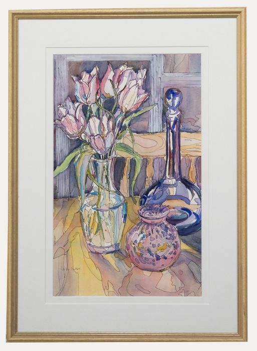 Lesley Fuller  - Contemporary Watercolour, Tulips and Blue Vase