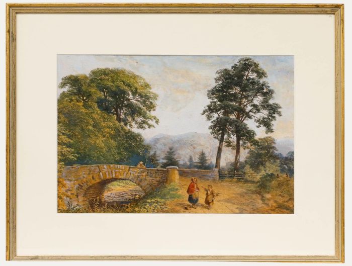 Framed Early 20th Century Watercolour - Figurative Conversing by the Bridge