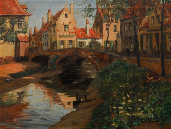 Marten Ven Der Loo (1880-1920) - Belgian Oil, View of an Old Bridge in Bruges 