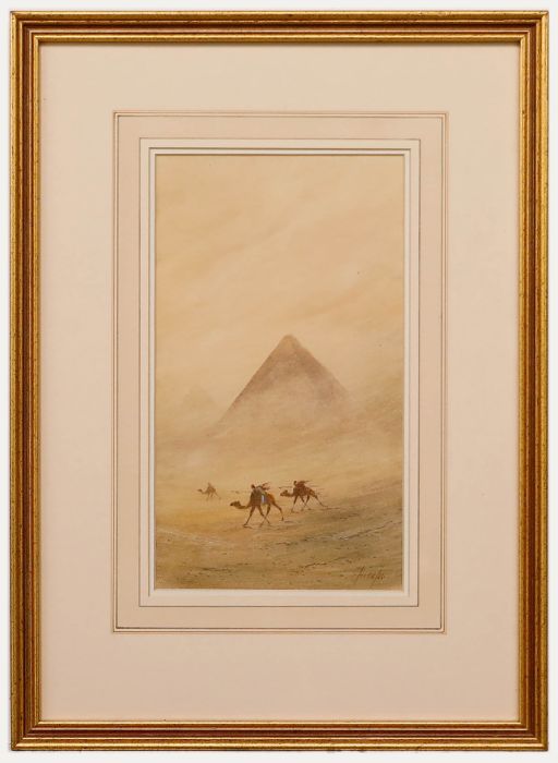 Framed Late 19th Century Watercolour - Camel Riders near Giza
