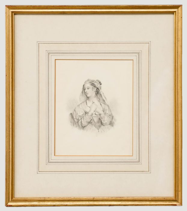 H. O. Collins - Framed 19th Century Graphite Drawing, European Maiden