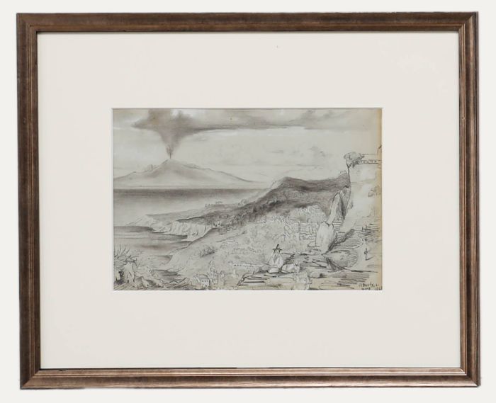 N. Darby- Framed 19th Century Graphite Drawing, Volcanic Landscape with Shepherd