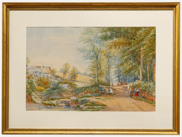 Framed Late 19th Century Watercolour - Gathered by the Duck Pond