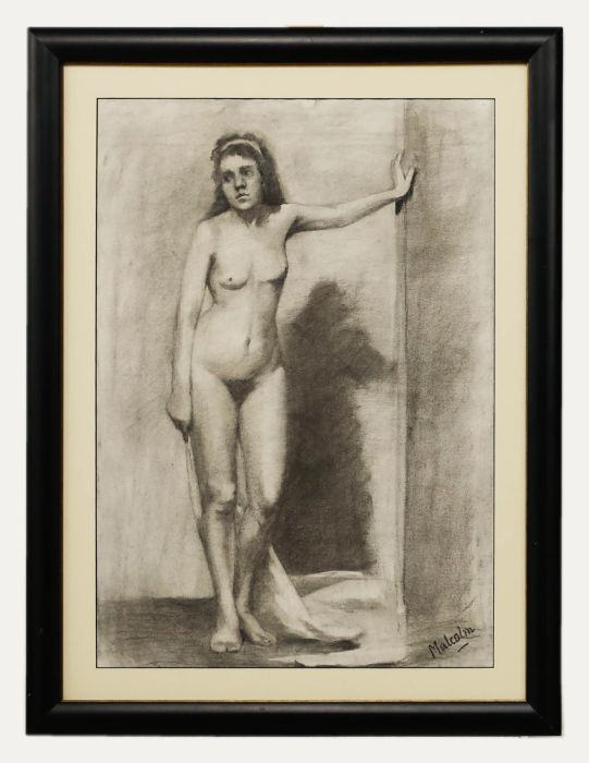 Malcolm - Framed 20th Century Charcoal Drawing, Standing Nude