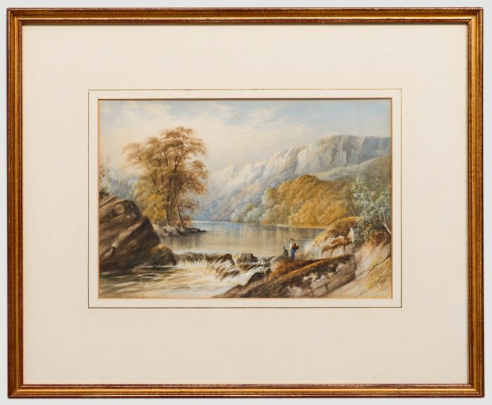 Attrib. Cornelius Pearson (1805-1891) - Watercolour, Two fishermen by a Weir