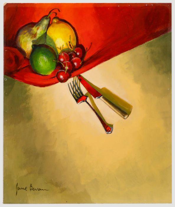 June Bevan (b.1927) - 20th Century Acrylic, Fruit with Knife & Fork