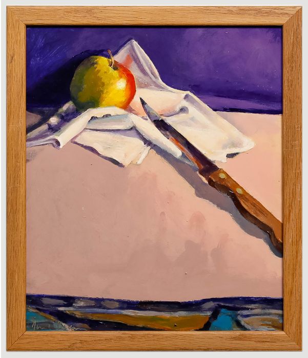 June Bevan (b.1927) - 20th Century Oil, Apple on Folded Napkins