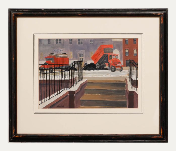 H. Bartlett - Framed 20th Century Gouache, Road Workers & Red Trucks
