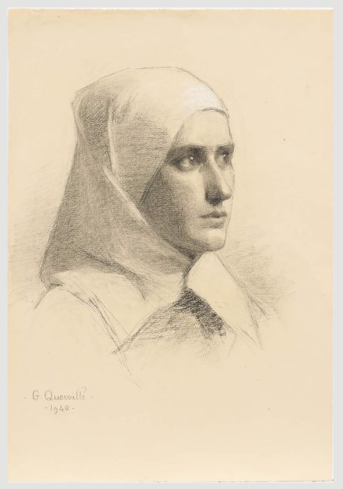 G. Querville - French School 1940 Charcoal Drawing, Portrait of a Nun