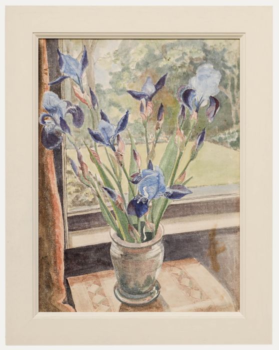 British School c.1930 Gouache - Blue Irises by the Window