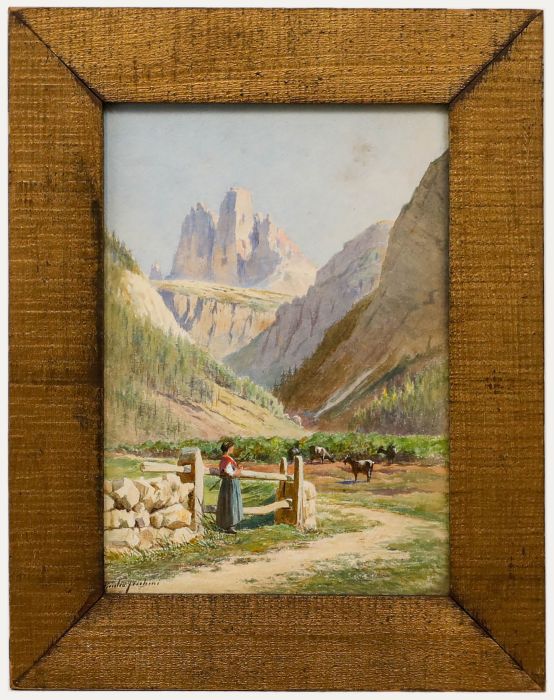 Framed Early 20th Century Watercolour - Mountain Goats Busy Grazing